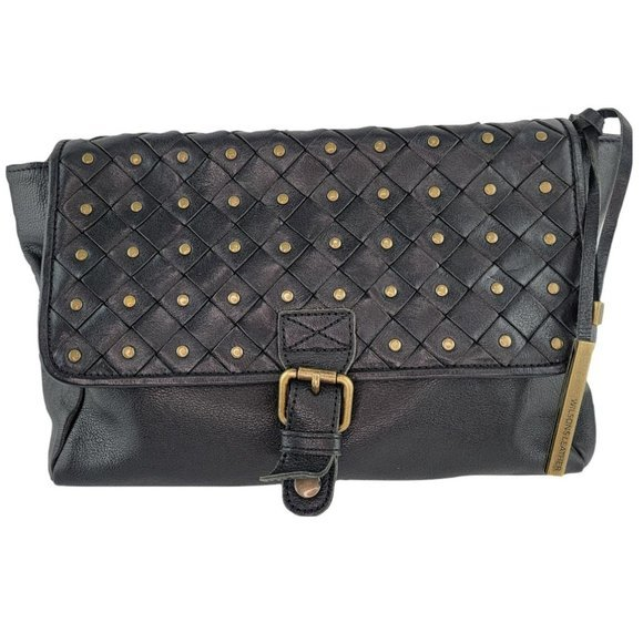 Wilson Vintage Handbags - Wilsons Vintage‎ Black Leather Weaved Studded Snap Crossbody Adjustable Purse